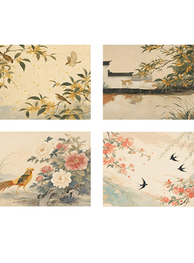 新中式横版吉祥花鸟装饰画牡丹锦鸡燕子海棠客厅茶室国风挂画画芯