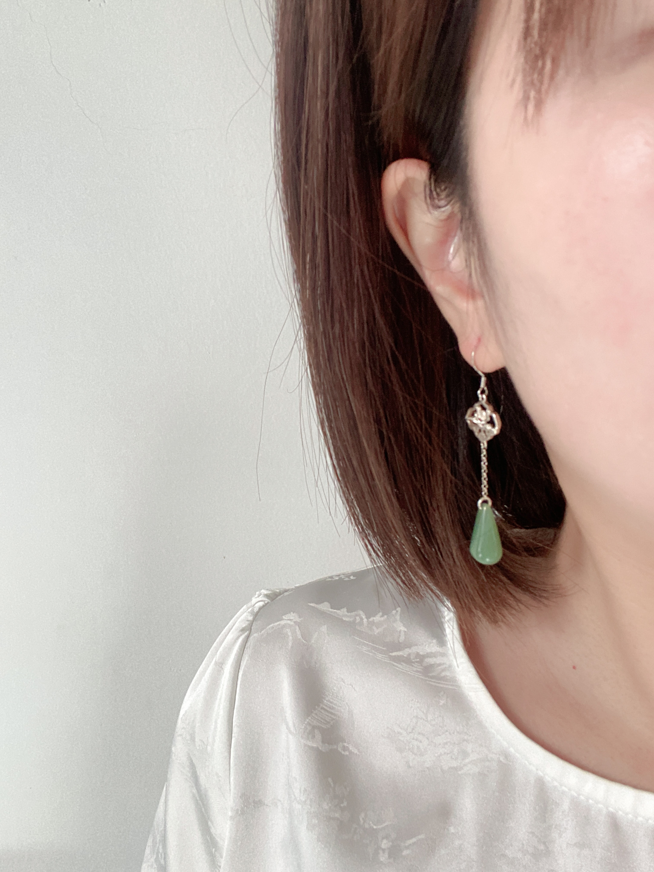 手作复古国风和田玉碧玉银耳坠长款文艺清新耳饰