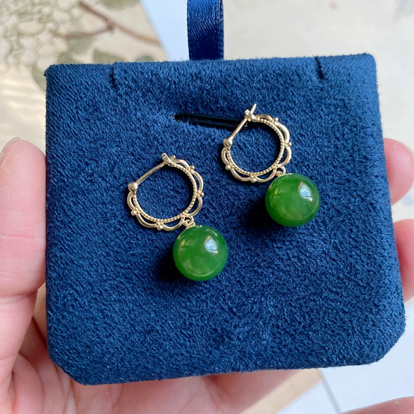 国风和田玉碧玉圆珠耳环耳坠女款文艺轻奢复古小清新配饰