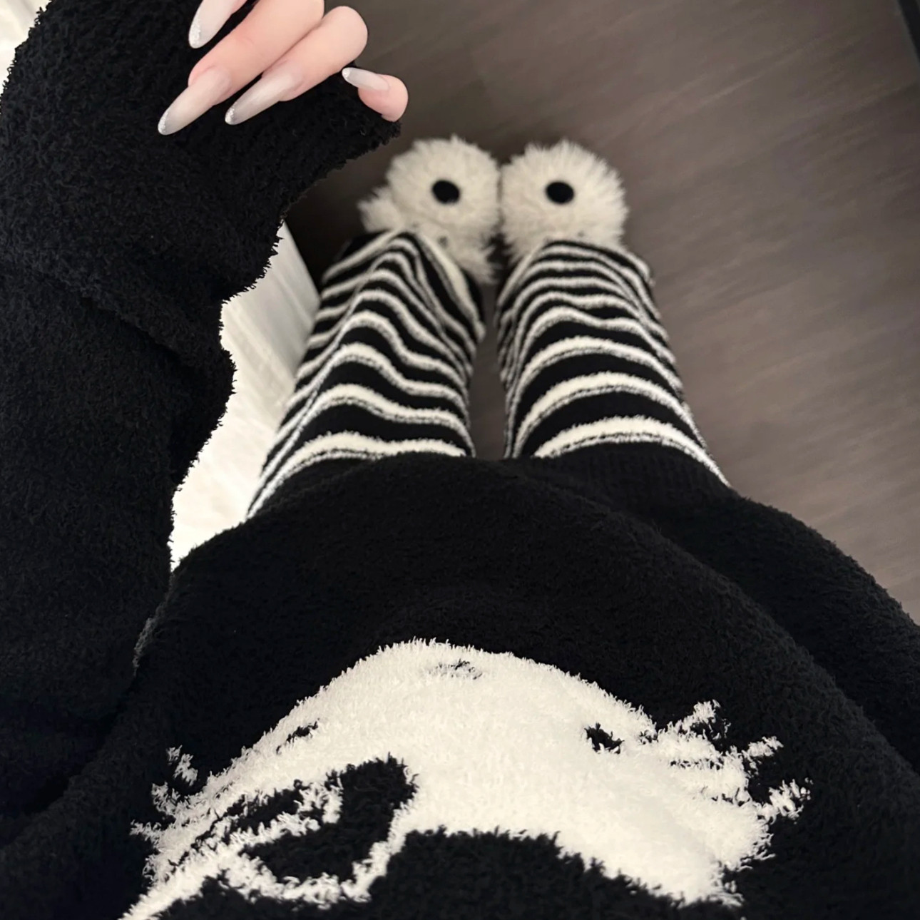 黑色kitty 半边绒睡衣套装女秋冬2025新款软绵绵可外穿加厚家居服