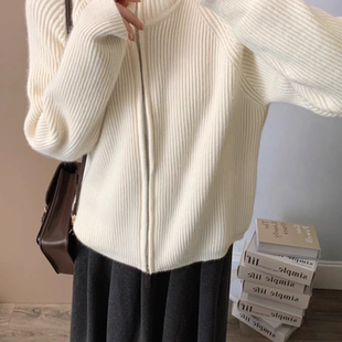 加厚！2025秋冬翻领毛衣宽松慵懒风双拉链坑条保暖针织开衫外套女