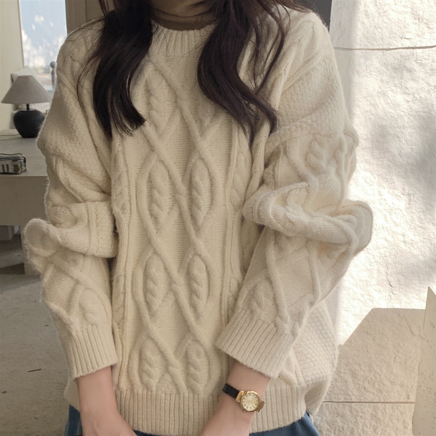 温柔白!覆古粗线 线麻花慵懒套头毛衣女宽松打底针织衫加厚圆领