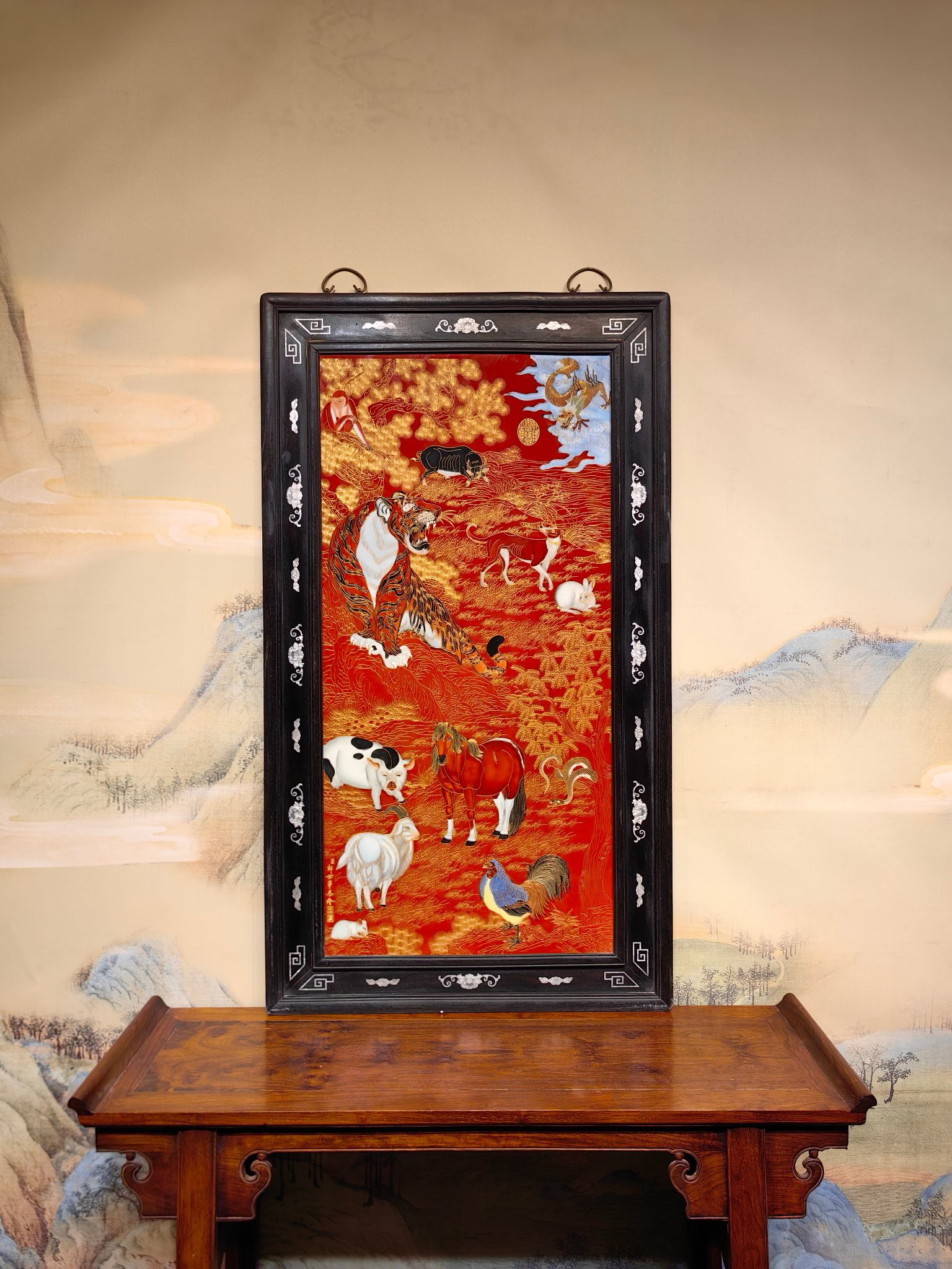 郎士宁作品红木镶贝壳镶瓷板画珐琅掐丝十二生肖中堂挂屏装饰画