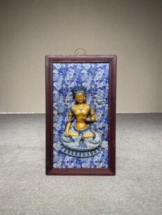 清乾隆红木镶瓷板画青花高浮雕人物观音挂屏景德镇纯手绘陶瓷画