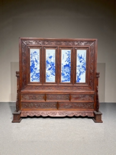 王步作品红木镶瓷板画青花花鸟春夏秋冬隔断屏风纯手绘落地大座屏