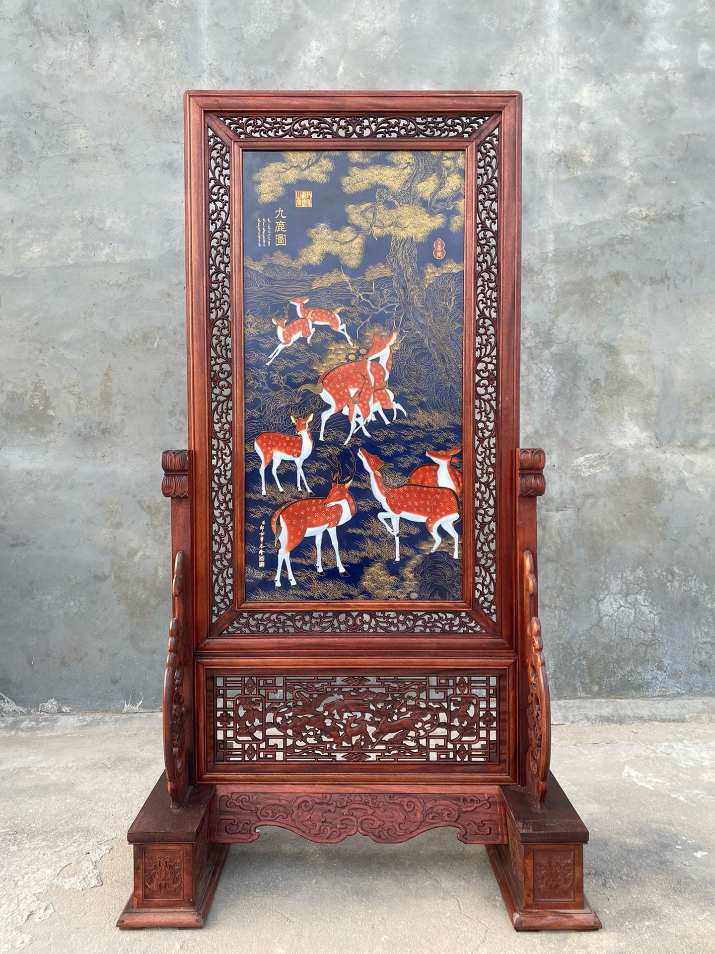 景德镇名家纯手绘精品红木镶瓷板画珐琅掐丝九鹿图隔断屏风陶瓷画