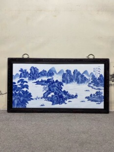 王步作品红木镶瓷板画青花山水一帆风顺中堂玄关纯手绘陶瓷装 饰画