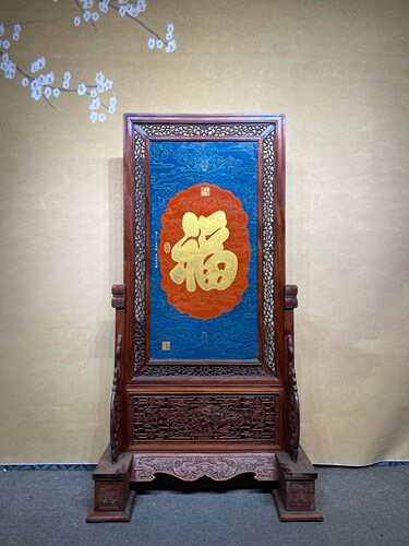 景德镇名家手绘精品红木镶瓷板画珐琅掐丝福字屏风落地插屏摆件