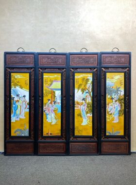 王大凡作品红木镶瓷板画黄底粉彩人物十二金钗四条挂屏纯手绘