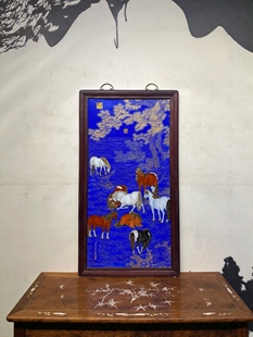 郎世宁作品精品红木雕龙纹镶瓷板画珐琅掐丝八骏图中堂大挂屏瓷画
