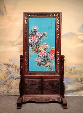 刘雨笒作品红木镶瓷板画蓝底釉粉彩花鸟花开富贵隔断屏风装饰画