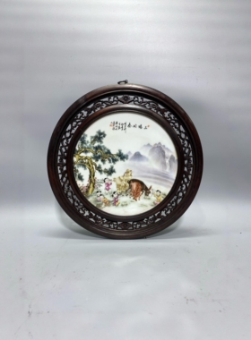 毕渊明作品鸡翅木镶瓷板画粉彩花鸟三阳开泰挂屏手绘陶瓷装饰画
