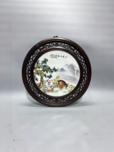 毕渊明作品鸡翅木镶瓷板画粉彩花鸟三阳开泰挂屏手绘陶瓷装饰画