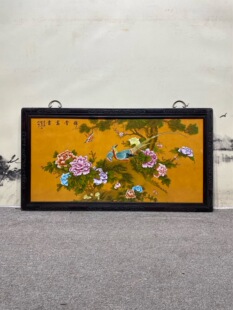 刘雨岑作品红木镶瓷板画粉彩花鸟锦堂富贵中堂手绘陶瓷装 饰画