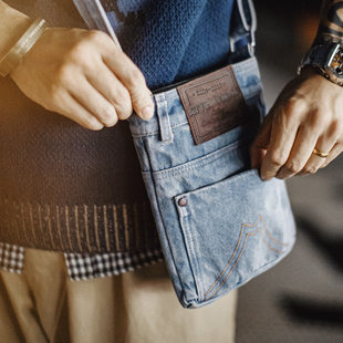 马登工装美式水洗蓝色牛仔单肩斜挎包丹宁通勤手提平板随行包男款