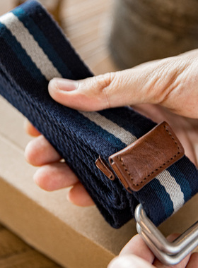 马登工装复古双环扣条纹腰带学院风免打孔松紧编织帆布配饰裤带男