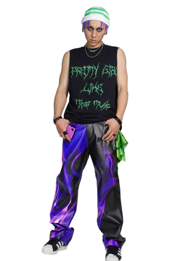 BIONIC JOI Dark Cyberpunk 紫色印花火焰皮裤 朋克极客长裤皮裤