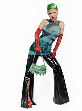 BIONIC JOI元主义Dark Cyberpunk剪裁喇叭开叉高腰机车24K钻皮裤