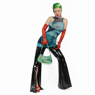 Cyberpunk剪裁喇叭开叉高腰机车24K钻皮裤 主义Dark JOI元 BIONIC