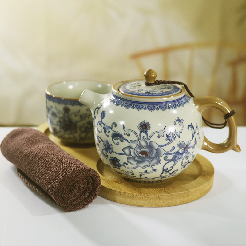 米黄汝窑行云一壶一杯配盘小套装