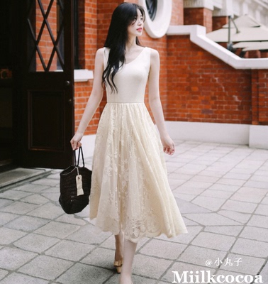 刺绣蕾丝蓬蓬摆无袖连衣长裙
