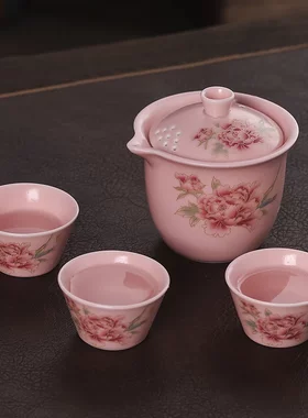 国色牡丹白玉琉璃茶具办公室高档会客茶杯三才盖碗创意冰种茶具