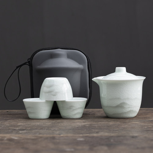 草木灰山水户外便携式旅行快客杯一壶三杯陶瓷旅行茶具一体收纳包