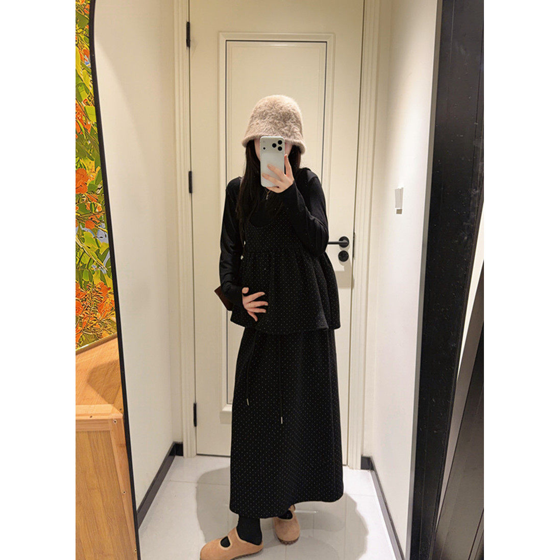 孕妇装秋冬新款时尚韩版波点毛呢显瘦宽松中长款法式复古连衣裙