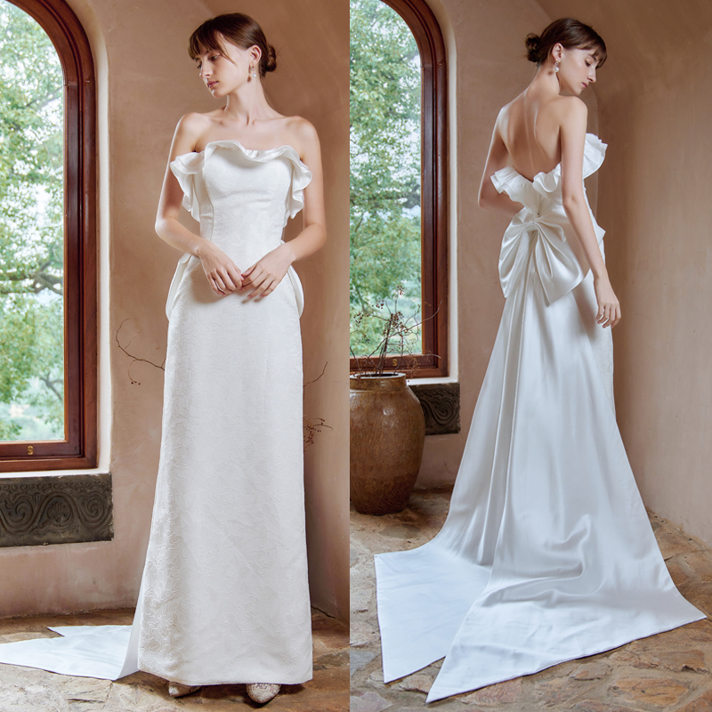 优罗莎原创小众鱼尾提花缎面新娘婚纱优雅森系户外婚礼写真旅拍纱