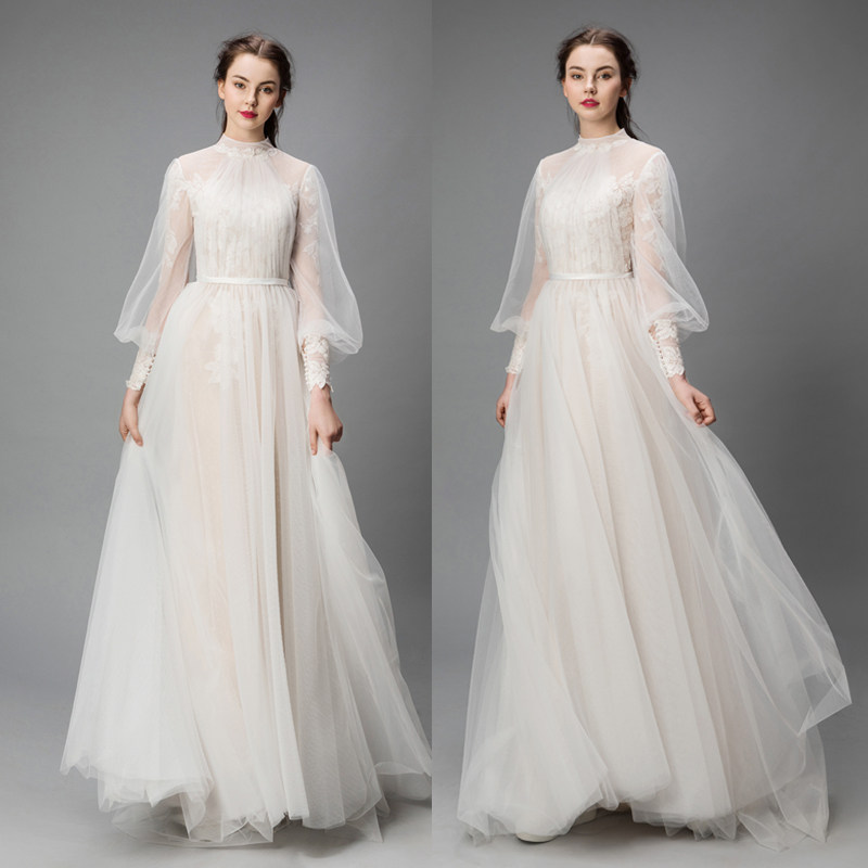 优罗莎原创实拍复古立领泡泡袖梦幻森系新娘户外草坪纱旅拍轻纱