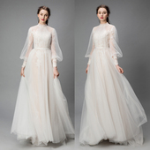 优罗莎原创实拍复古立领泡泡袖 梦幻森系新娘户外草坪纱旅拍轻纱