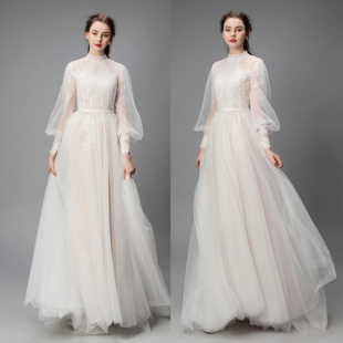 优罗莎原创实拍复古立领泡泡袖梦幻森系新娘户外草坪纱旅拍轻纱