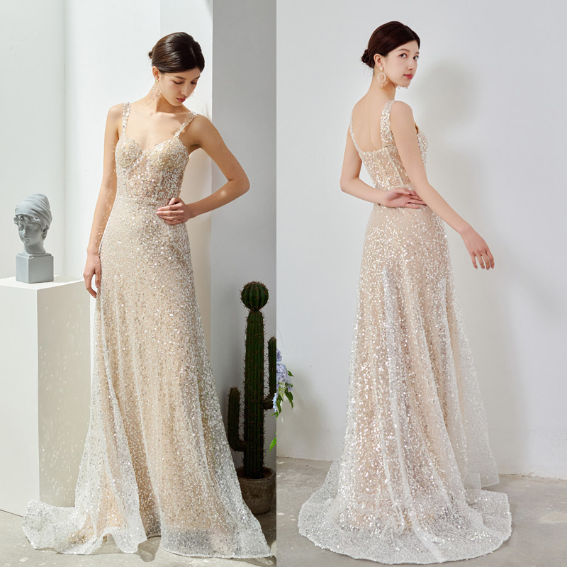 设计师原创超闪亮片吊带鱼尾时尚新娘敬酒服晚宴礼服森系户外轻纱