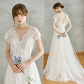 设计师原创新款 包肩显瘦蕾丝甜美公主风新娘婚纱森系梦幻草坪纱