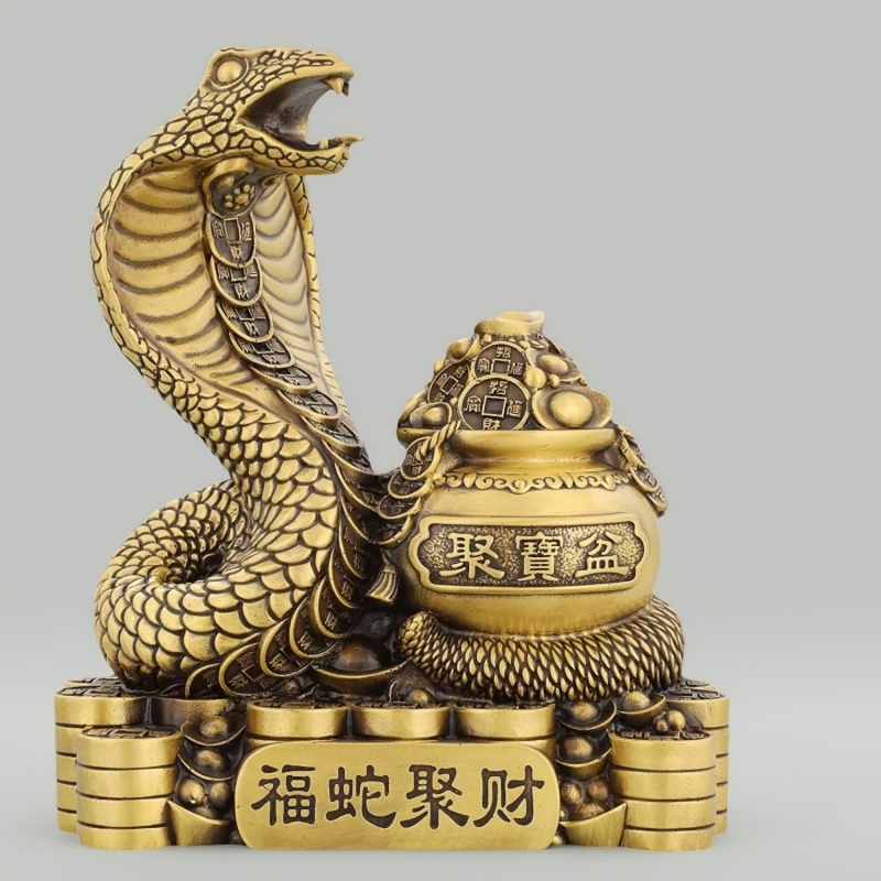 聚宝盆铜蛇摆件十二生肖蛇眼镜蛇黄铜金蛇福字灵蛇家居玄关装饰品