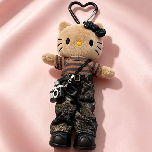 日本官方正品HelloKitty黑金斜跨相机黑皮长腿kt公仔玩偶包挂件