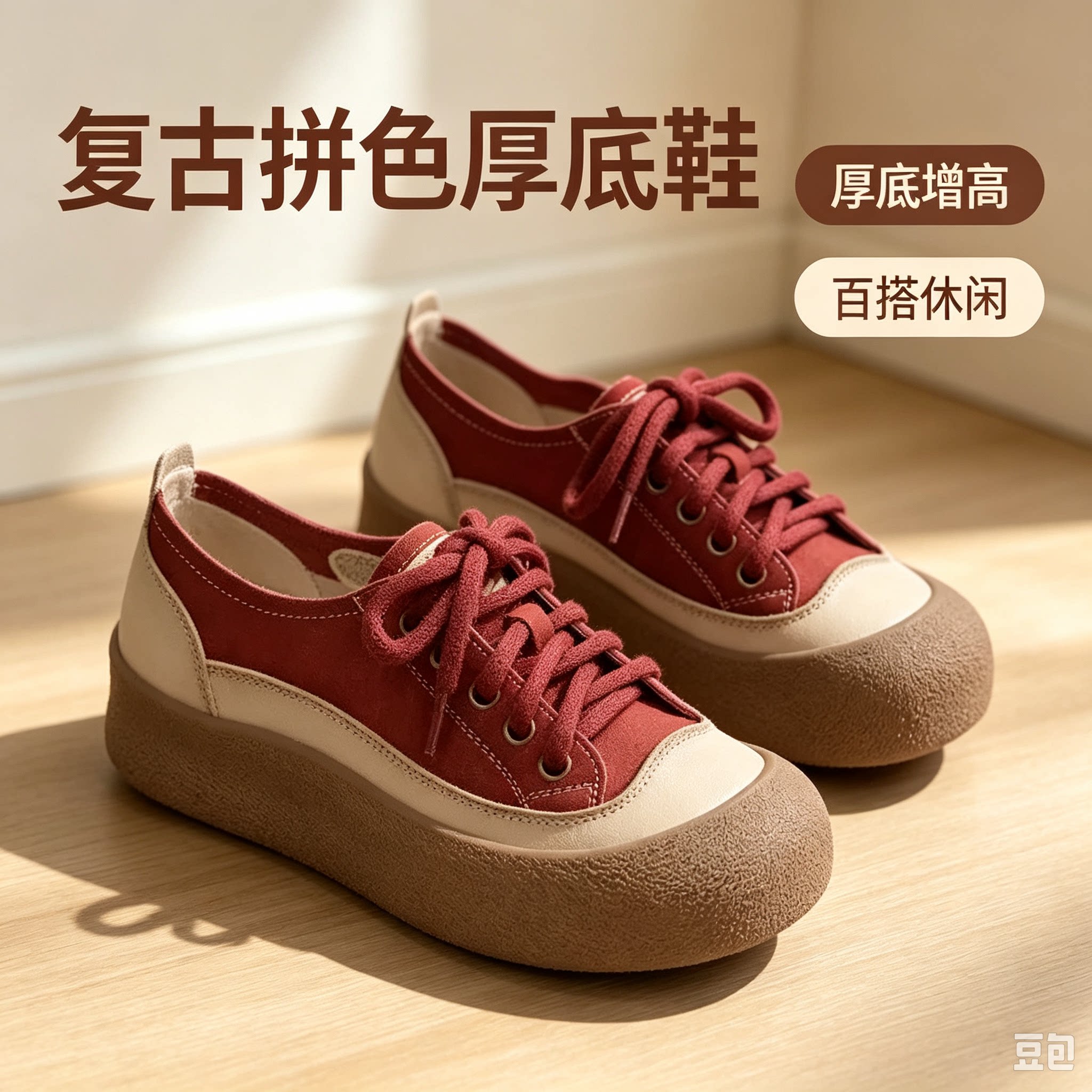 复古拼色厚底休闲板鞋女2026新款小众大头鞋增高系带百搭帆布鞋