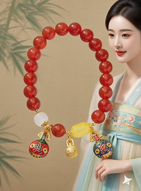 天然红玛瑙手链吞金兽一家三口二代蜜蜡吊坠手串本命年饰品女