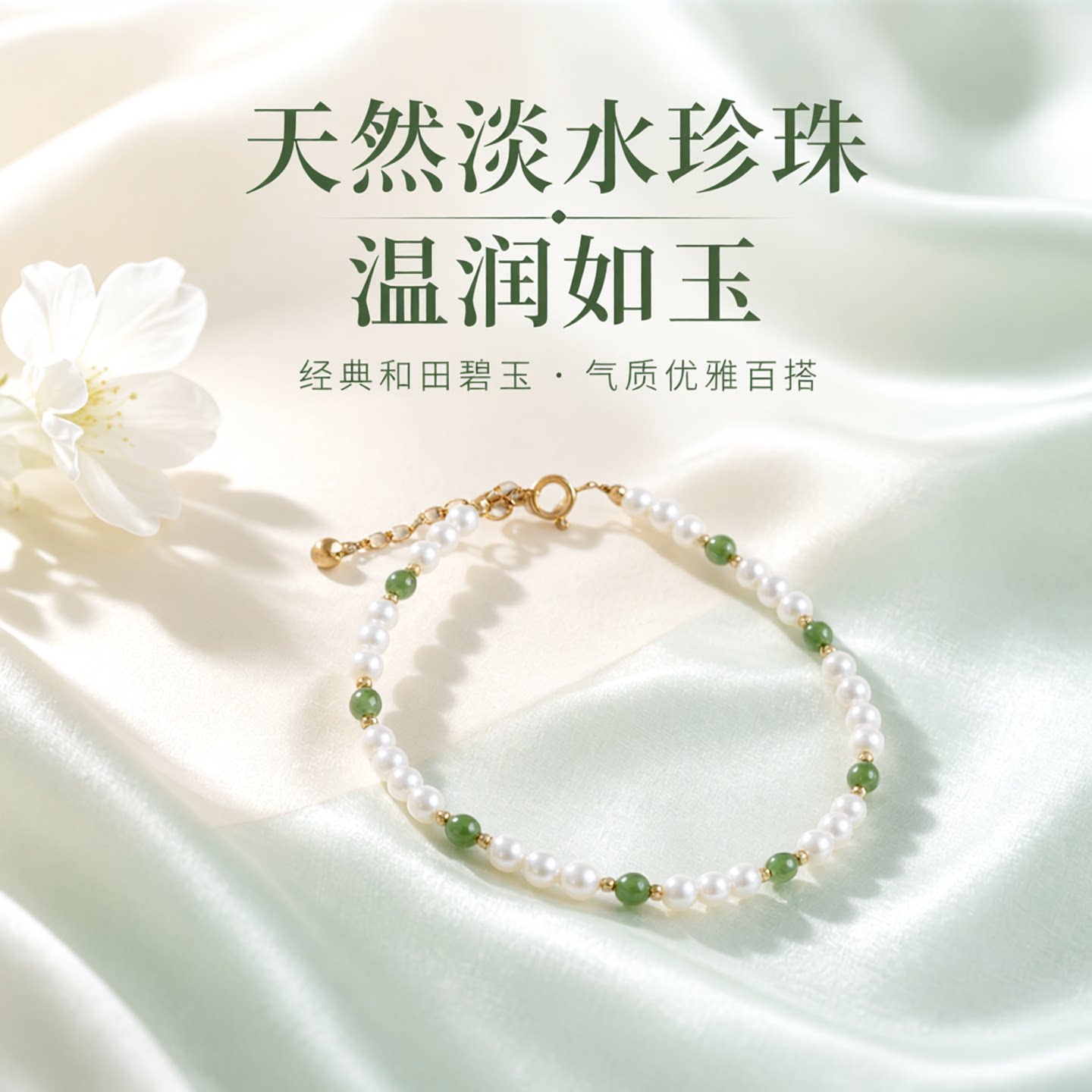 「拂柳」天然高品质淡水珍珠手链百搭款和田玉碧玉手串女生礼物