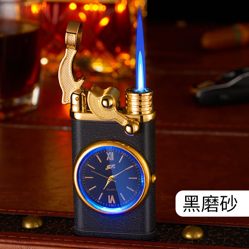 创意摇臂直冲打火机带表发光蓝灯表盘冲气防风蓝火焰网红抖音跨境