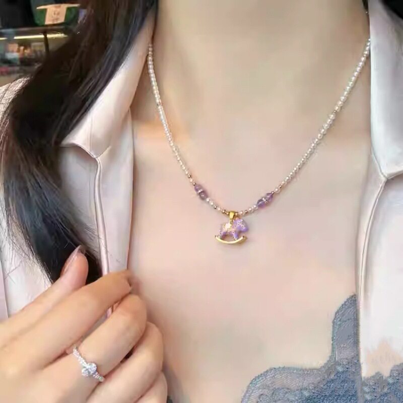 亲子款童趣可爱旋转木马吊坠珍珠项链女小众轻奢锁骨链项饰礼