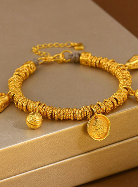 黄金色沙金黄财神盘缠藏式手链传承古法工艺景区寺院饰品