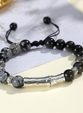 黑闪石火焰石串珠竹节情侣手链女个性风潮雪花石银曜石手串