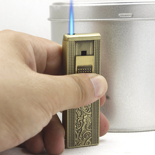 XC525超薄下拉充气直冲防风打火机 经典中式唐草花烤漆下滑火机