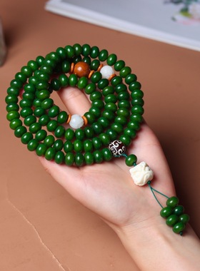 春之绿色白玉菩提根子108颗手串多圈手链DIY款男女散佛珠毛衣项链