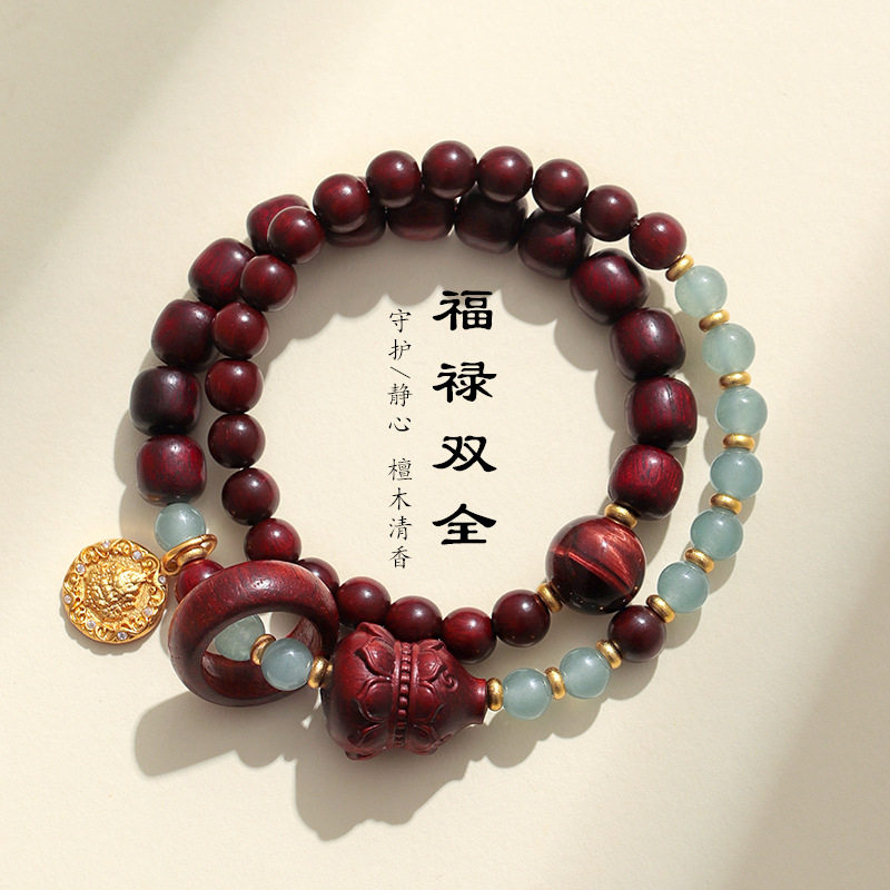 天然东陵玉血檀木葫芦串珠双圈手链女文艺复古檀木福禄文玩手串