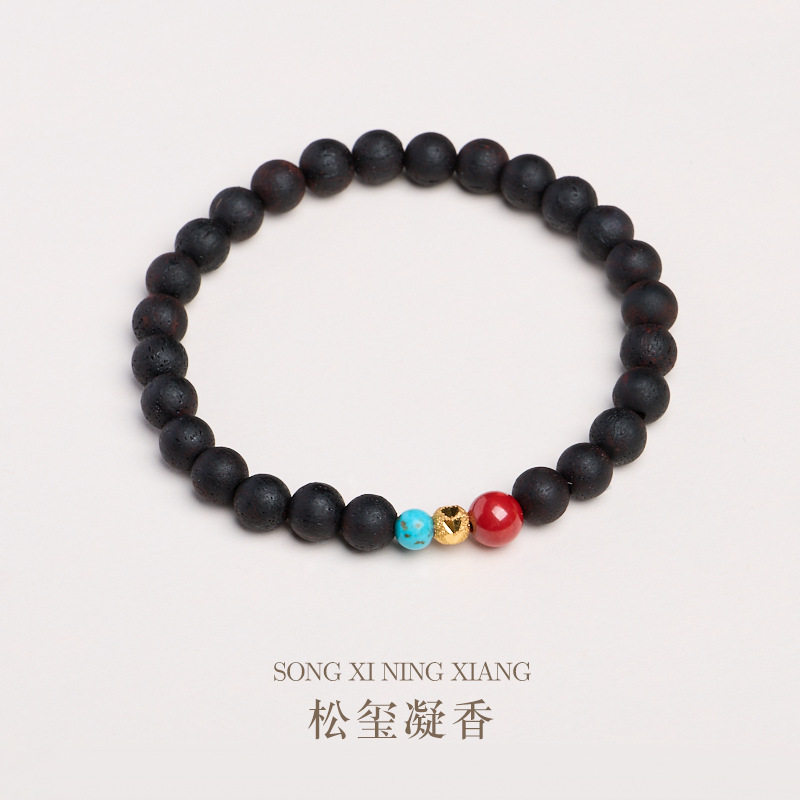 天然6MM降真香手串帝王砂绿松S925银好运珠三生万物文玩手串