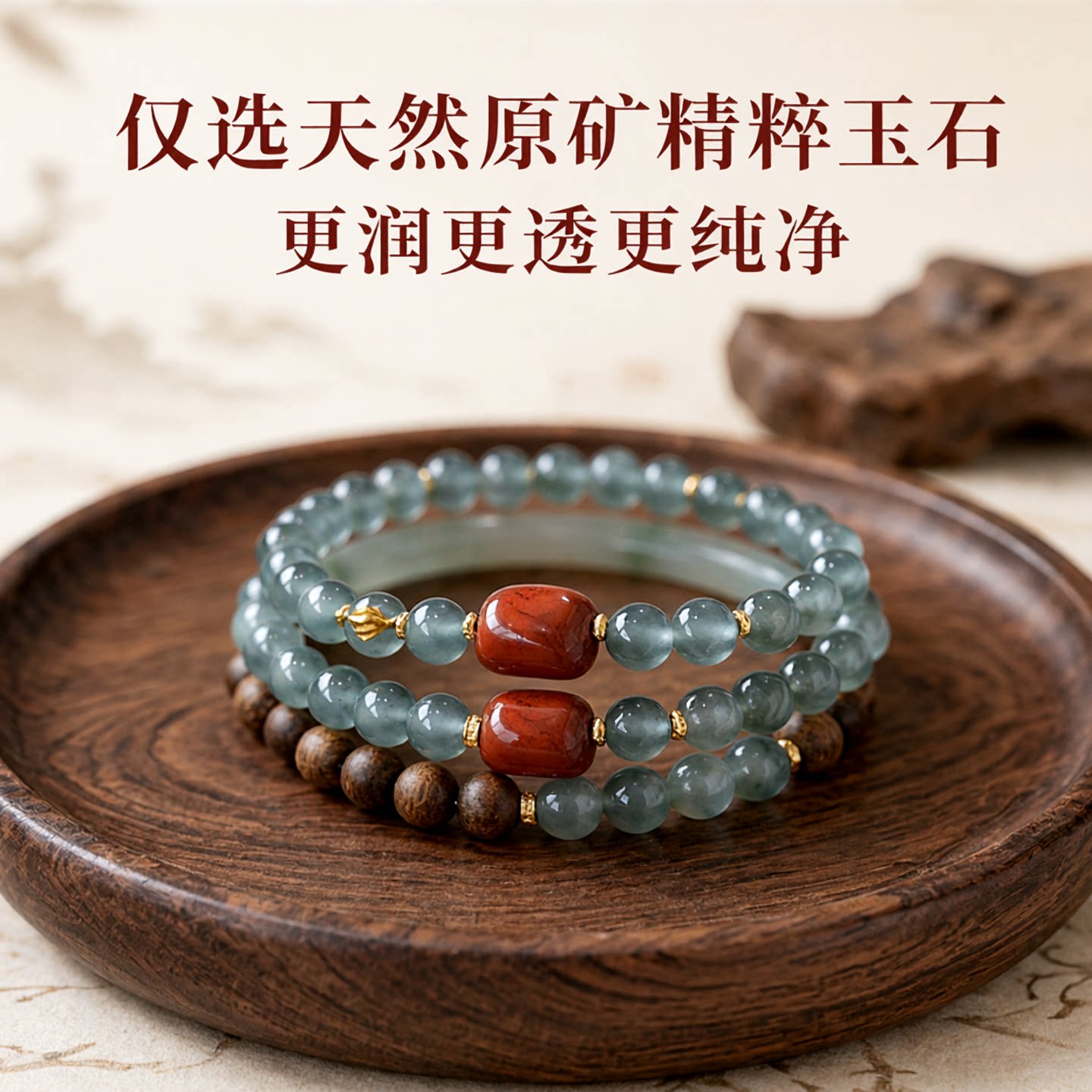 《梵屿》天然沉香手串蓝水冰种翡翠双圈手串女南红玉石沉香手链