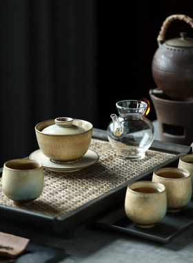 蓝色柴色极光三才盖碗景德镇手工窑变茶具套组160ml一碗四杯套装