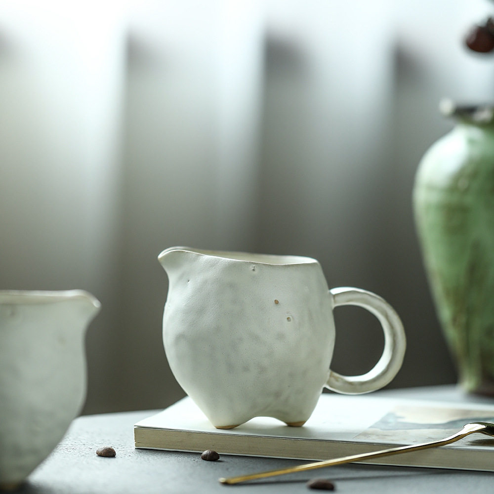 开片粉引手作公道杯仿古三足陶作公杯手工茶海粉影化妆土匀杯